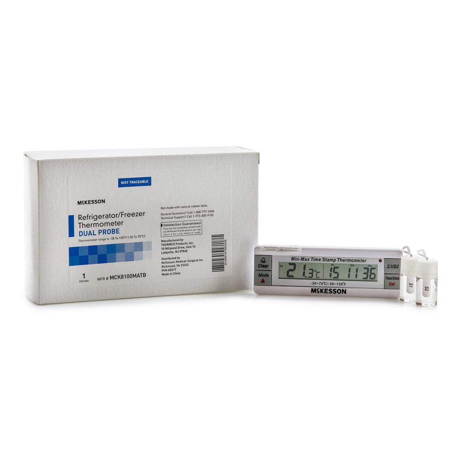 McKesson Refrigerator / Freezer Thermometer, Digital Display, -58 to +158F (-50 to +70C)-Digital Refrigerator / Freezer Thermometer with Alarm McKesson Fahrenheit / Celsius -58 to +158F (-50 to +70C) Desk / Wall / Door Mount Battery Operated