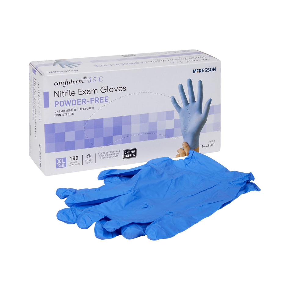 McKesson Confiderm 3.5C Nitrile Exam Glove, Extra Large, Blue-Exam Glove McKesson Confiderm 3.5C X-Large NonSterile Nitrile Standard Cuff Length Textured Fingertips Blue Chemo Tested