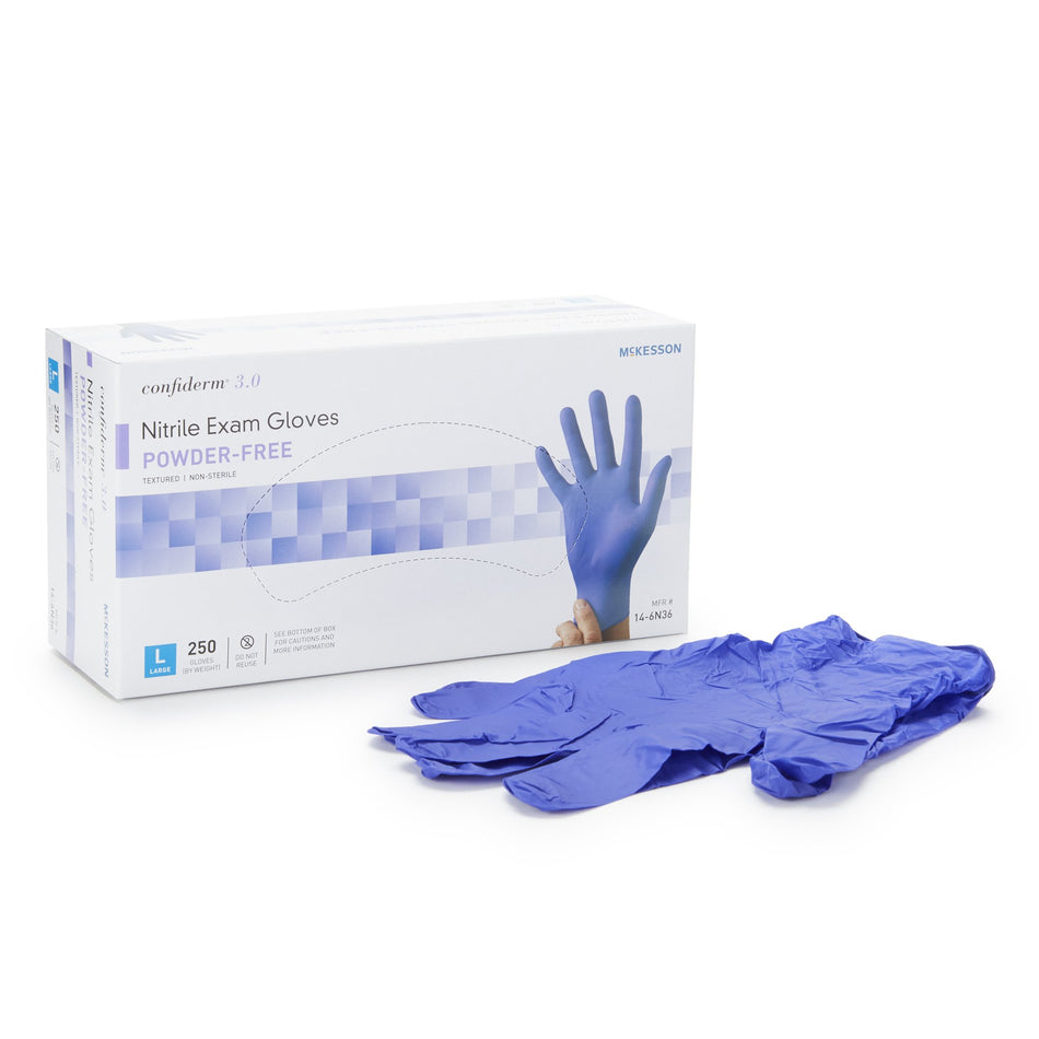 McKesson Confiderm 3.0 Nitrile Exam Glove, Large, Blue-Exam Glove McKesson Confiderm 3.0 Large NonSterile Nitrile Standard Cuff Length Textured Fingertips Blue Not Rated