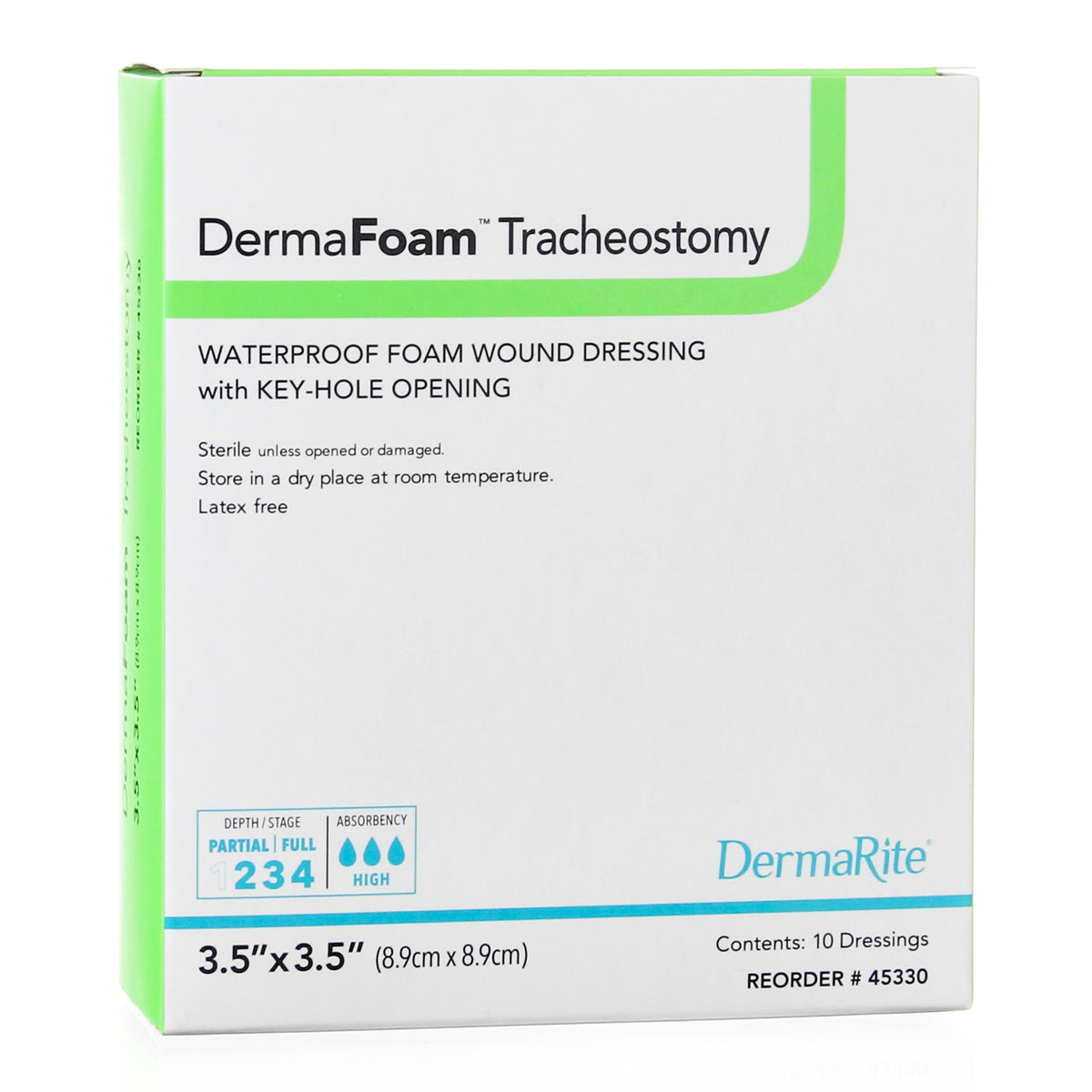DermaFoam Tracheostomy Nonadhesive without Border Foam Dressing, 3 x 3 Inch-Foam Dressing DermaFoam Tracheostomy 3-1/2 X 3-1/2 Inch Without Border Waterproof Backing Nonadhesive Fenestrated Square Sterile