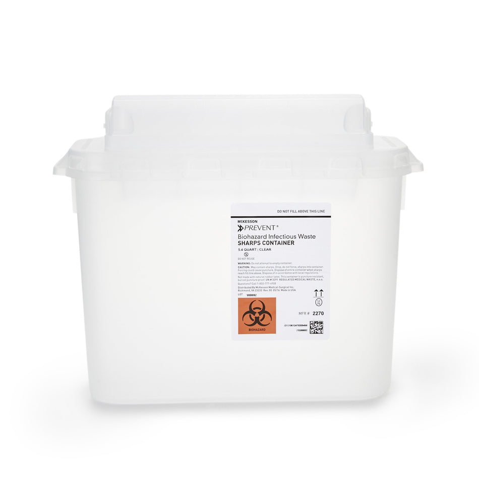 McKesson Prevent Clear Sharps Container, 5.4-Quart, 11 x 12 x 4-3/4 Inch-Sharps Container McKesson Prevent Translucent Base 11 H X 12 W X 4-3/4 D Inch Horizontal Entry 1.35 Gallon