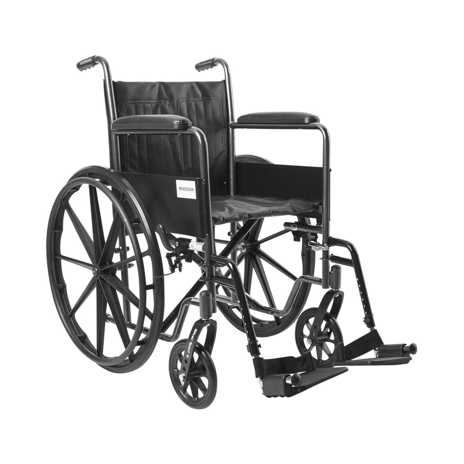McKesson Wheelchair, 18 Inch Seat Width-Wheelchair McKesson Dual Axle Full Length Arm Swing-Away Footrest Black Upholstery 18 Inch Seat Width Adult 300 lbs. Weight Capacity