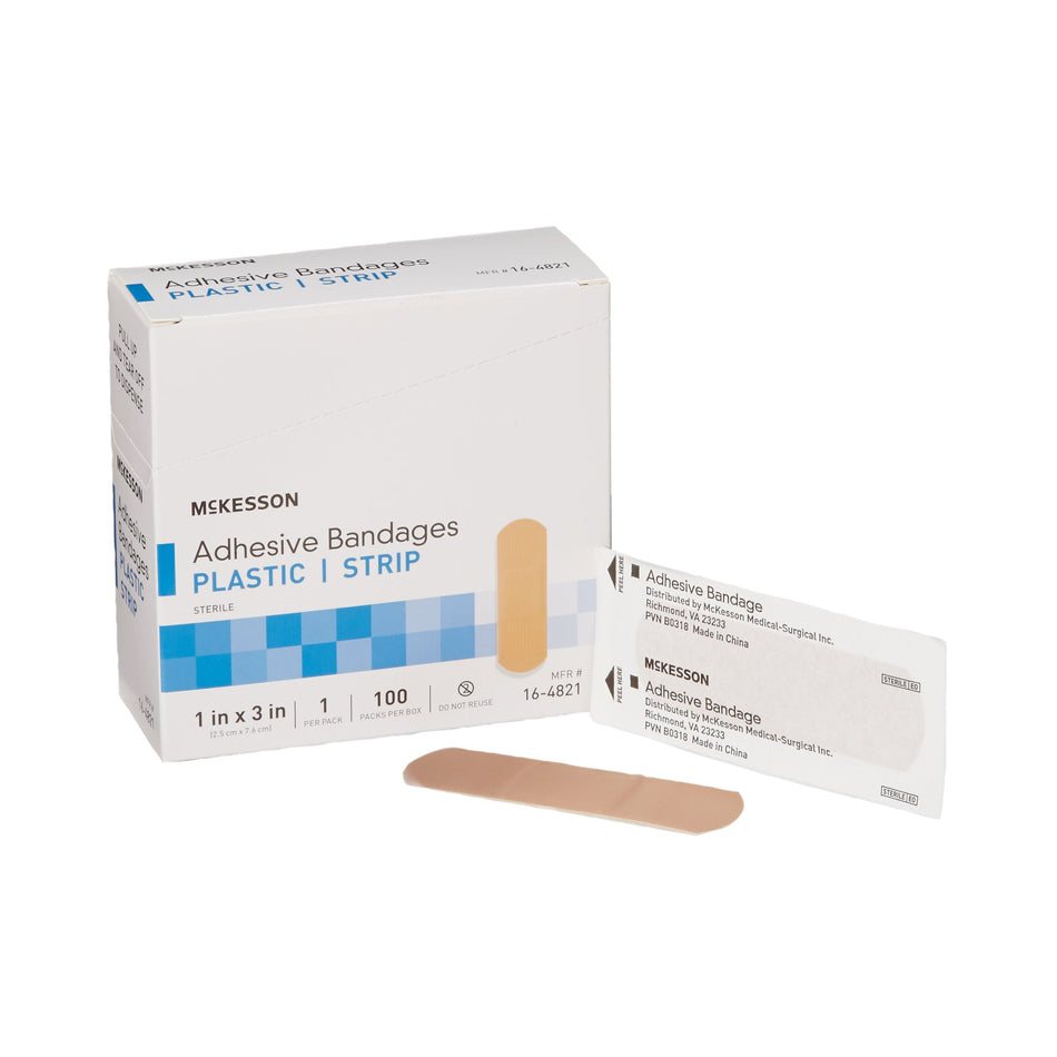 McKesson Tan Adhesive Strip, 1 x 3 Inch-Adhesive Strip McKesson 1 X 3 Inch Plastic Rectangle Tan Sterile