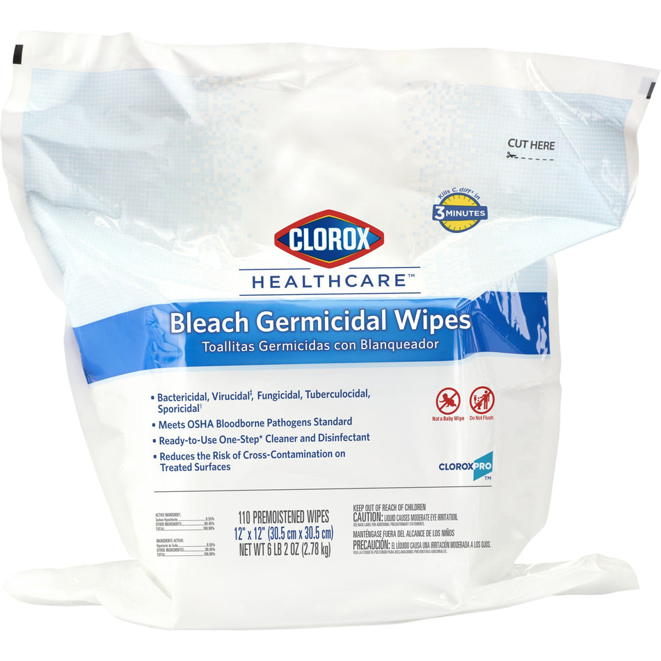 Clorox Healthcare Bleach Germicidal Wipes, Refill Pouch, 110 ct.-Clorox Healthcare Bleach Germicidal Surface Disinfectant Cleaner Refill Premoistened Germicidal Manual Pull Wipe 110 Count Pouch Floral Bleach Scent NonSterile