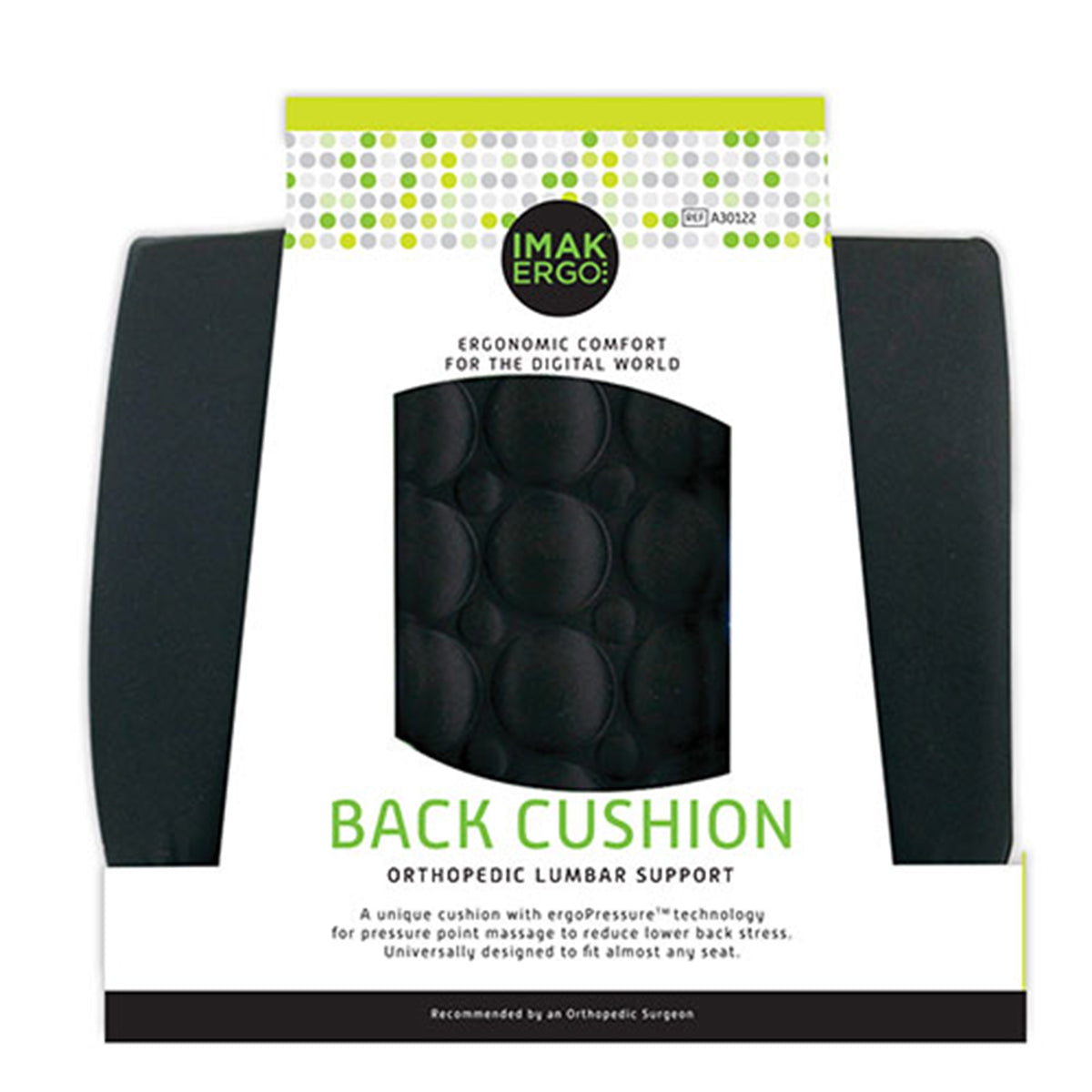 IMAK Ergo Lumbar Cushion, 13.5 in. W x 4 in. D x 13.8 in. H, Foam, Black, Non-inflatable-Lumbar Support Cushion IMAK Ergo Back Cushion 13-1/2 W X 13-4/5 L X 4 D Inch Foam