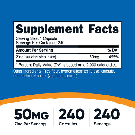 VITAMIN, CAP ZINC PICOLINATE 50MG (240/BT 12BT/CS)