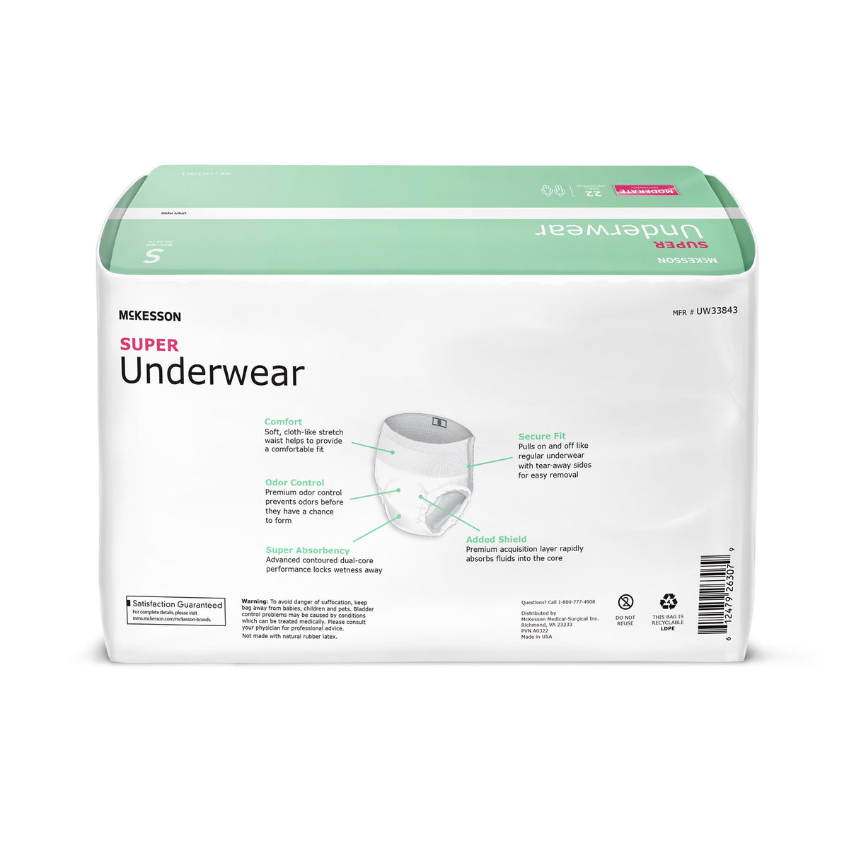 McKesson Super Moderate Absorbency Incontinence Underwear, Small-Unisex Adult Absorbent Underwear McKesson Pull On with Tear Away Seams Small Disposable Moderate Absorbency