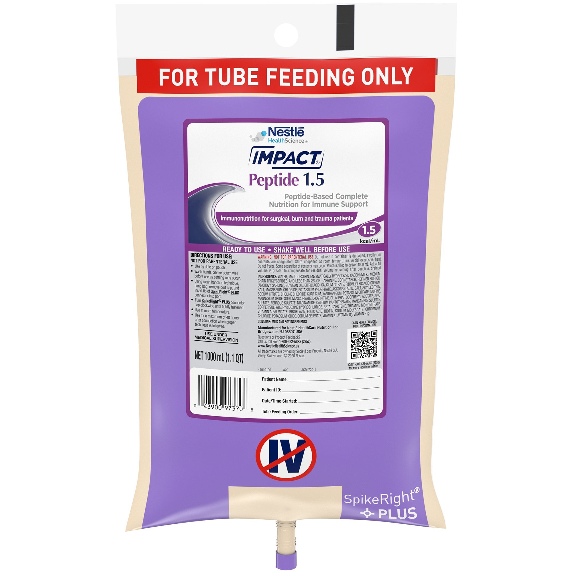Impact Peptide 1.5 Tube Feeding Formula, 1 liter Ready to Hang Prefilled Container-Tube Feeding Formula Impact Peptide 1.5 Unflavored Liquid 1000 mL Ready to Hang Prefilled Container