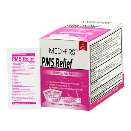 Medi-First PMS Relief Acetaminophen / Pamabrom / Pyrilamine maleate Pain Relief-Pain Relief PMS Relief 500 mg - 25 mg - 15 mg Strength Acetaminophen - Pamabrom - Pyrilamine maleate Caplet 80 per Box