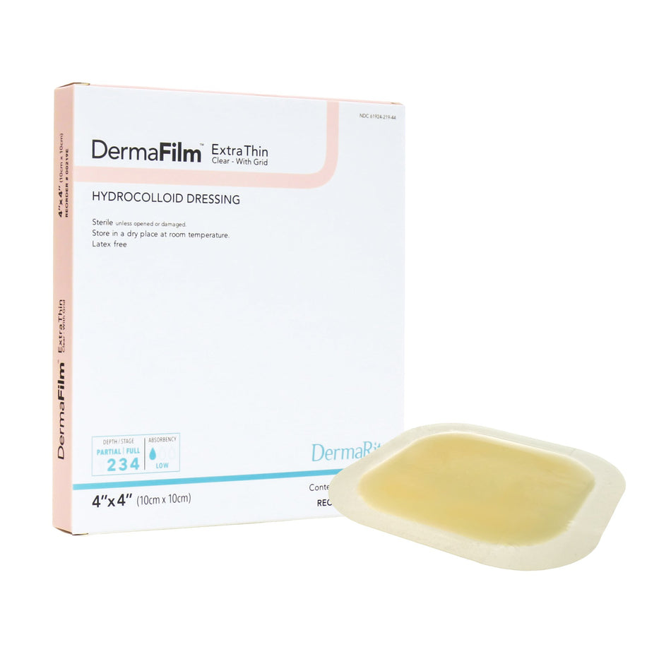 DermaFilm� Hydrocolloid Dressing, 4 x 4 Inch-Thin Hydrocolloid Dressing DermaFilm� Film Backing 4 X 4 Inch Square Hydrocolloid / Film