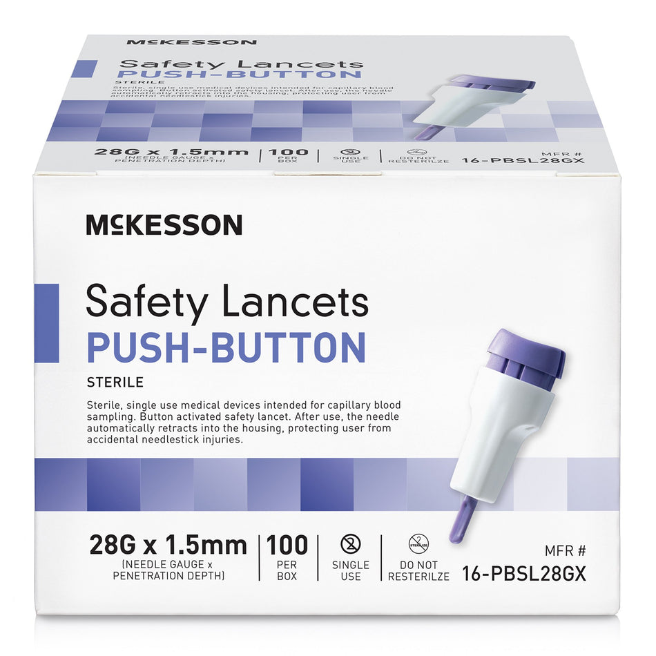 McKesson Push Button Safety Lancet, 28 Gauge-Safety Lancet McKesson 28 Gauge Retractable Push Button Activation Finger