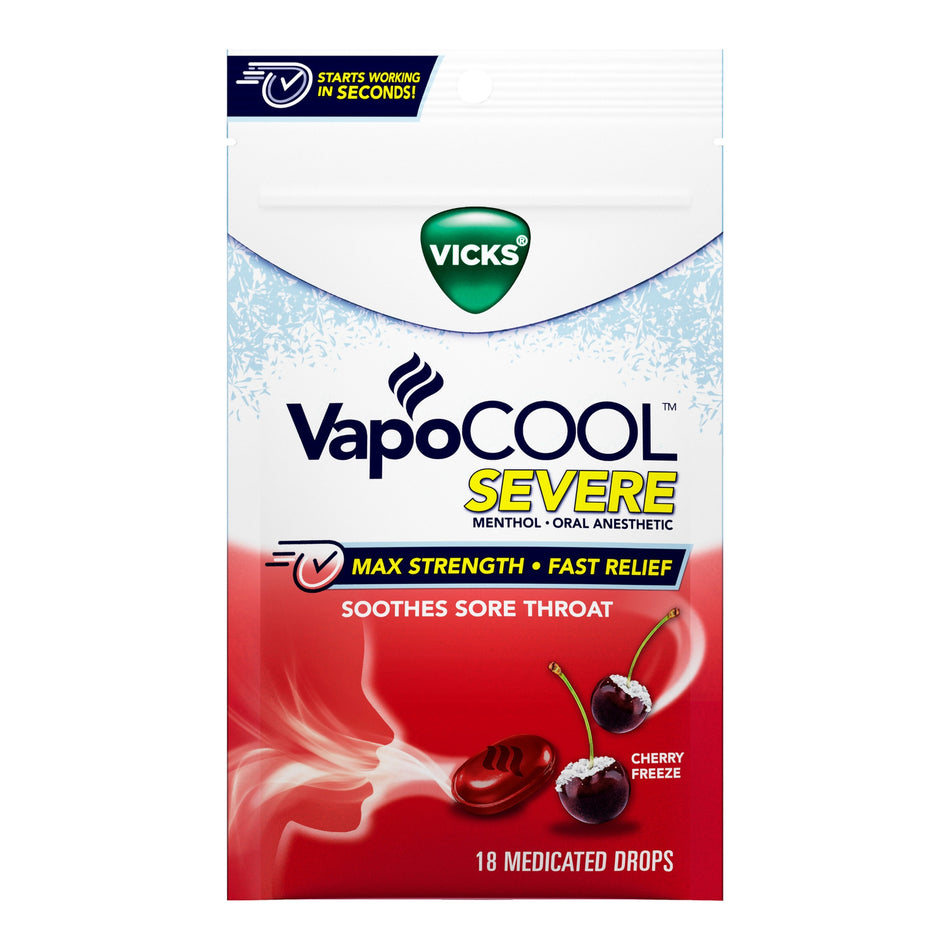 Vicks VapoCool Severe Medicated Drops, Cherry Freeze-Sore Throat Relief Vicks VapoCOOL 20 mg Strength Drop 18 per Bag