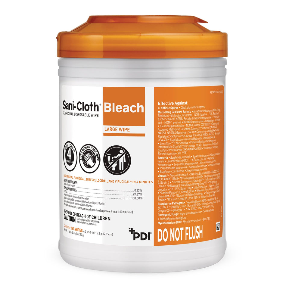 Sani-Cloth Bleach Germicidal Disinfectant Wipe, Canister, 160 ct.-Sani-Cloth Bleach Surface Disinfectant Cleaner Premoistened Germicidal Manual Pull Wipe 160 Count Canister Bleach Scent NonSterile