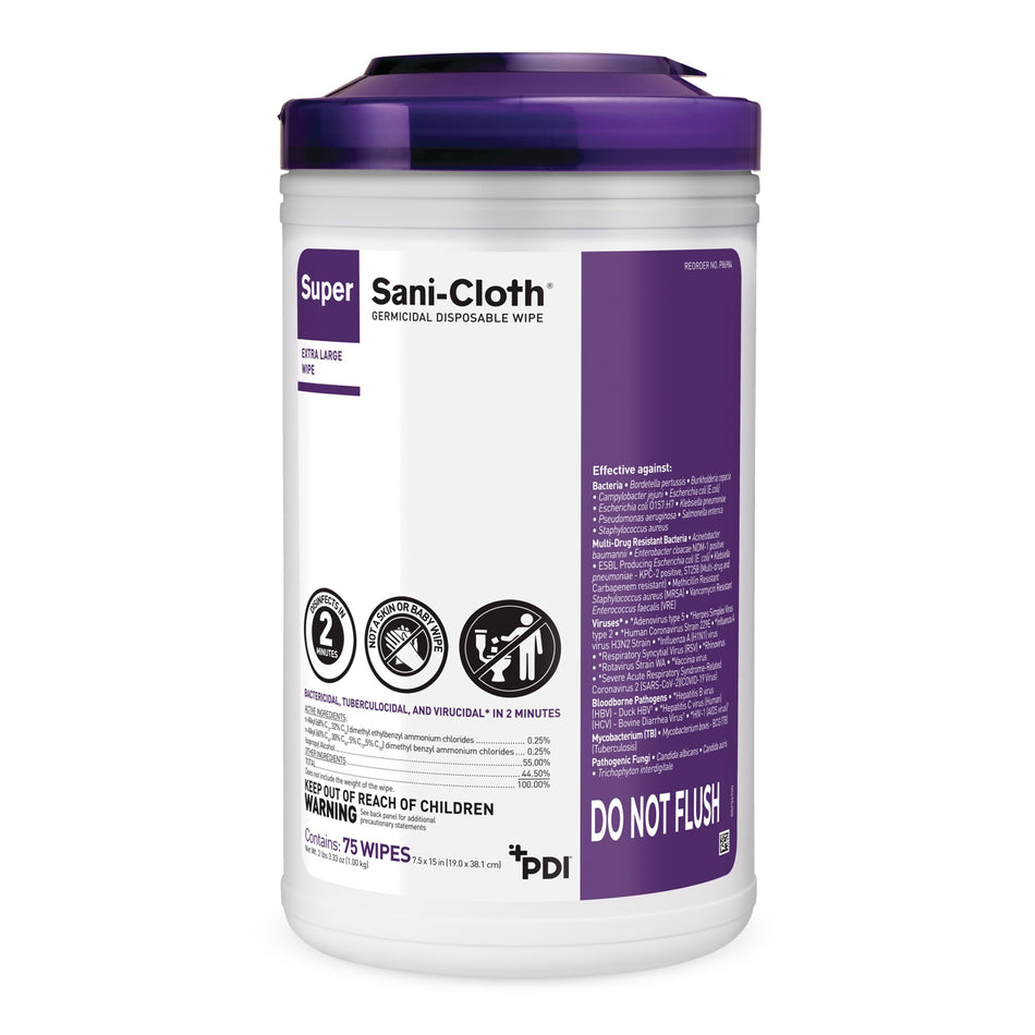 Super Sani-Cloth Extra Large Germicidal Disinfectant Wipes, Canister, 75 ct.-Super Sani-Cloth Surface Disinfectant Cleaner Premoistened Germicidal Manual Pull Wipe 75 Count Canister Alcohol Scent NonSterile