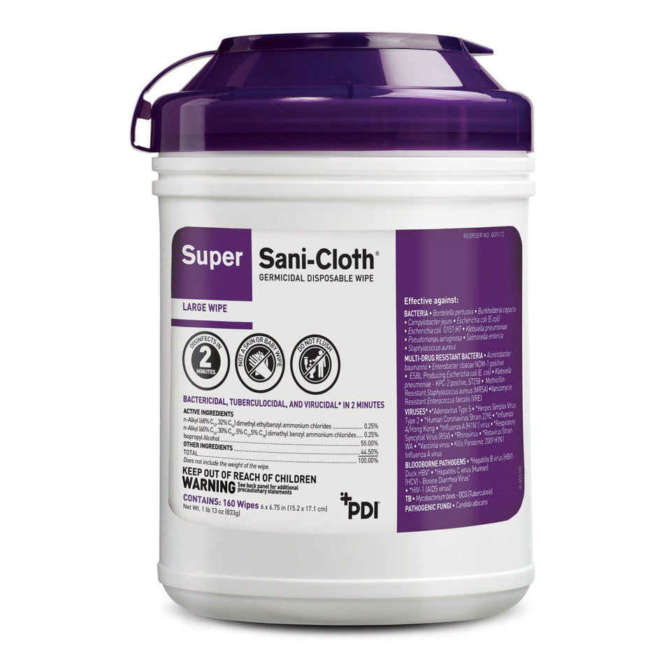 Super Sani-Cloth® Large Germicidal Disinfectant Wipes, Canister, 160 ct. - Housekeeping>Cleaners and Disinfectants - Profe...
