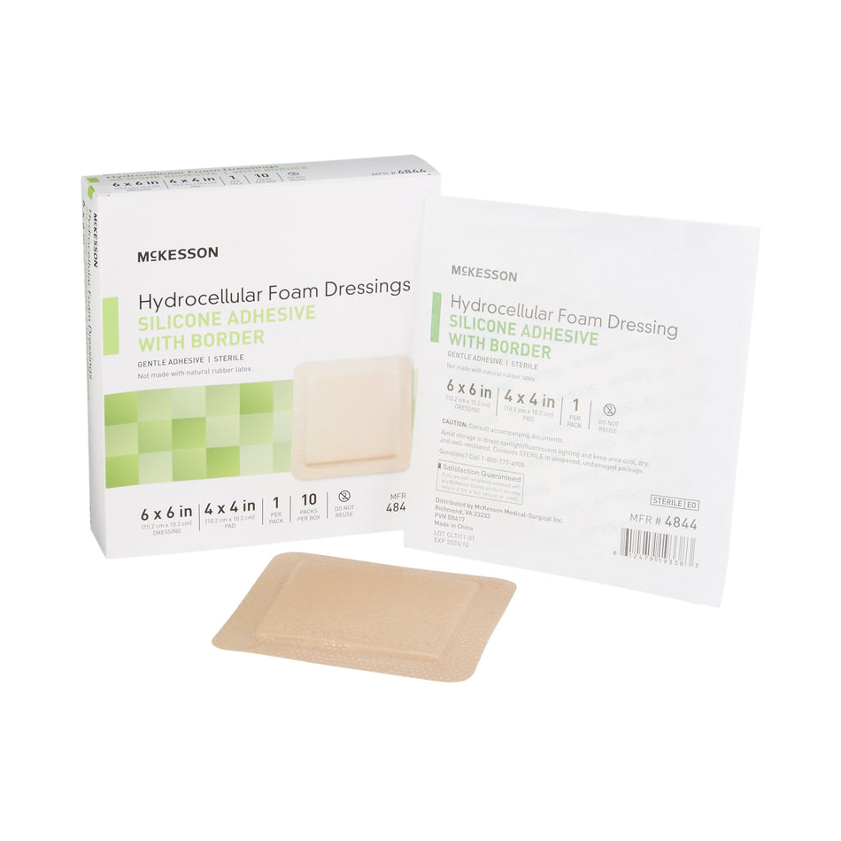McKesson Silicone Adhesive with Border Silicone Foam Dressing, 6 x 6 Inch-Foam Dressing McKesson 6 X 6 Inch With Border Film Backing Silicone Gel Adhesive Square Sterile