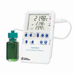Datalogging Refrigerator / Freezer Thermometer with Alarm Fisherbrand™ Traceable® Excursion-Trac™ Fahrenheit / Celsius -58° to +158°F (-50° to +70°C) Bottle Probe Multiple Mounting Options AC Adaptor / Battery Backup