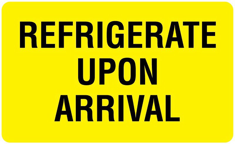 Pre-Printed Label UAL™ Auxiliary Label Yellow Paper REFRIGERATE UPON ARRIVAL Temperature Control 2-1/8 X 3-1/2 Inch