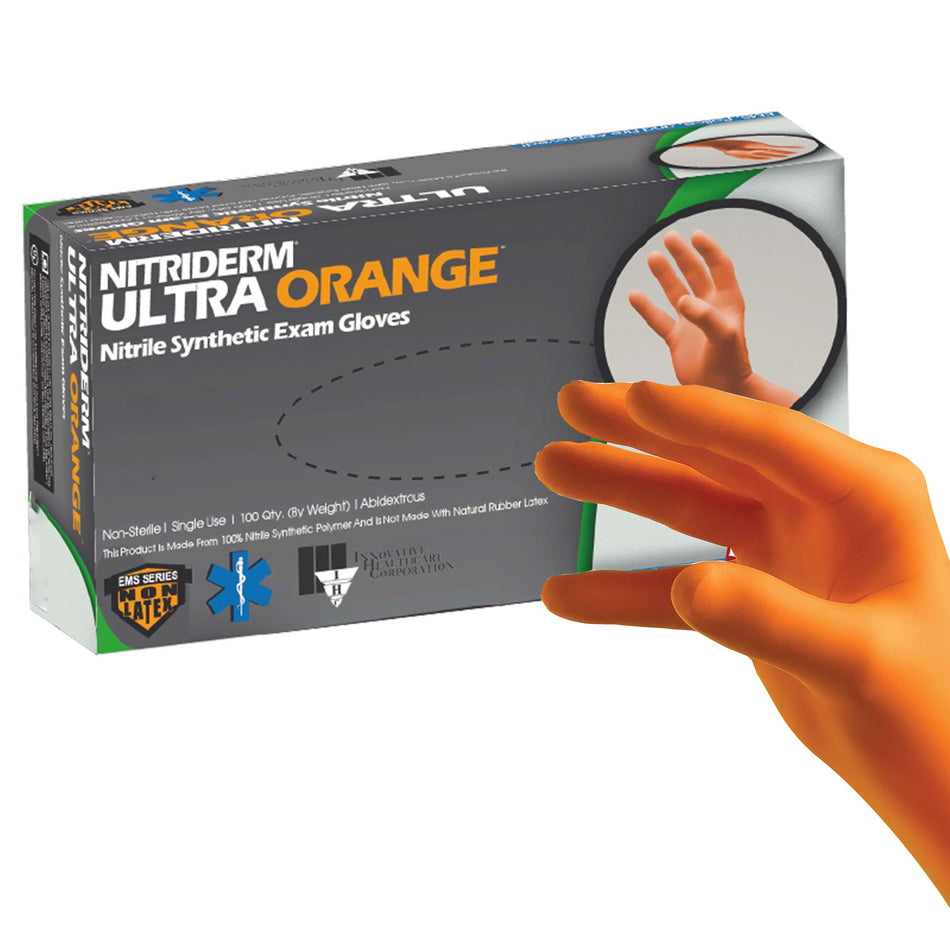 Exam Glove NitriDerm® Ultra Orange™ Large NonSterile Nitrile Standard Cuff Length Fully Textured Orange Fentanyl Tested