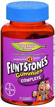 Children's Multivitamin Supplement Flintstones™ with Iron Vitamin A / Ascorbic Acid / Vitamin D / Vitamin E / Vitamin B6 / Vitamin B12 Folic Acid 4,000 IU - 75 mg - 400 IU - 30 IU - 5 mg - 400 mcg Strength Gummy 70 per Bottle Assorted Fruit Flavor