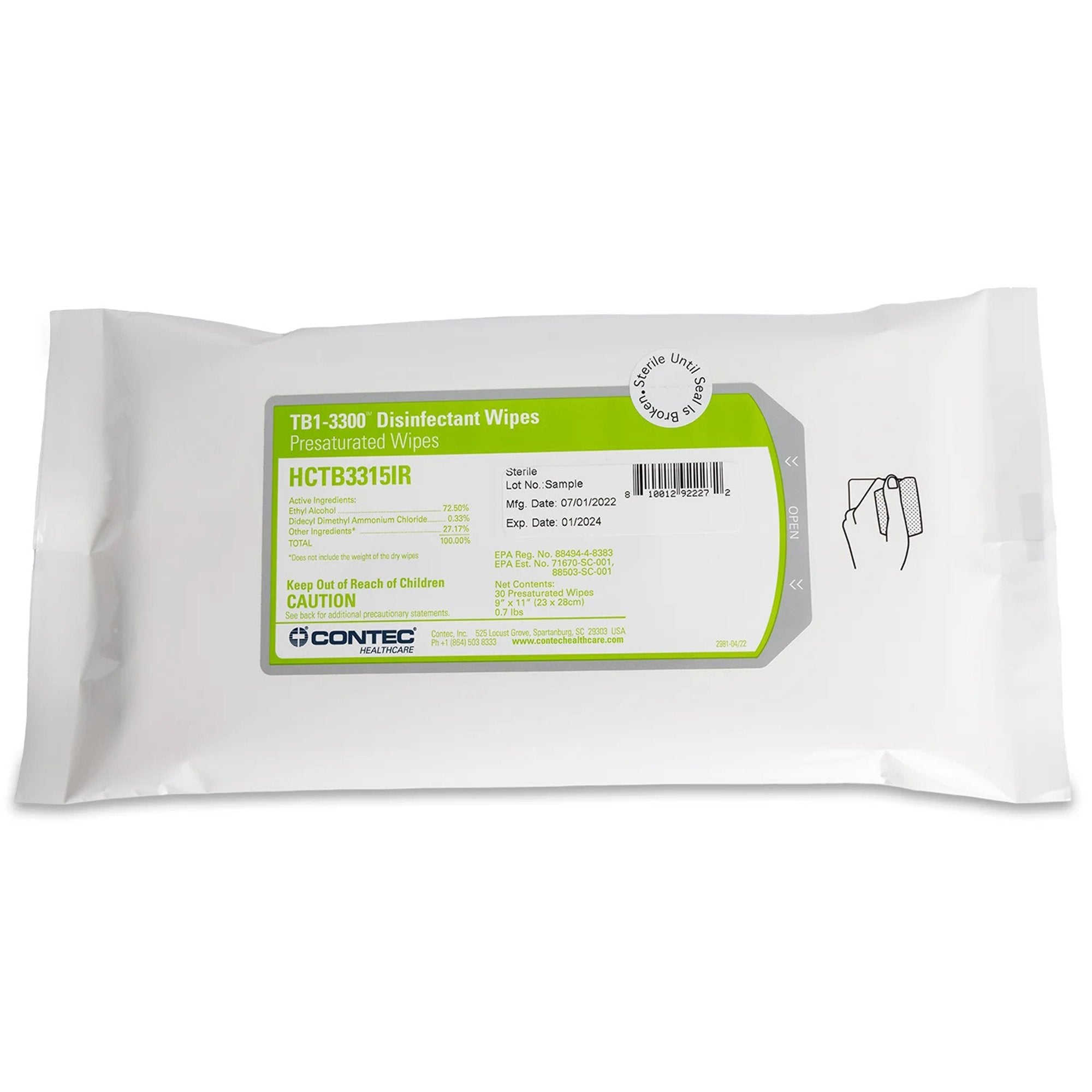 Contec® Healthcare TB1-3300™ Surface Disinfectant Cleaner Premoistened Quaternary Based Manual Pull Wipe 30 Count Soft Pack Alcohol Scent Sterile