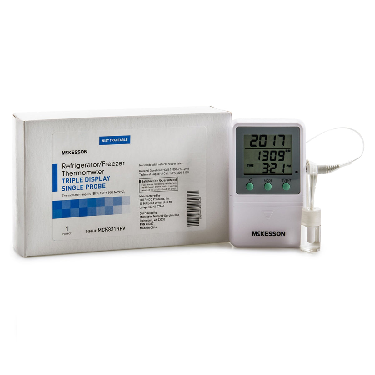 Digital Refrigerator / Freezer Thermometer with Alarm McKesson Fahrenheit / Celsius -58° to +158°F (-50° to +70°C) Glycol Bottle Probe Multiple Mounting Options Battery Operated