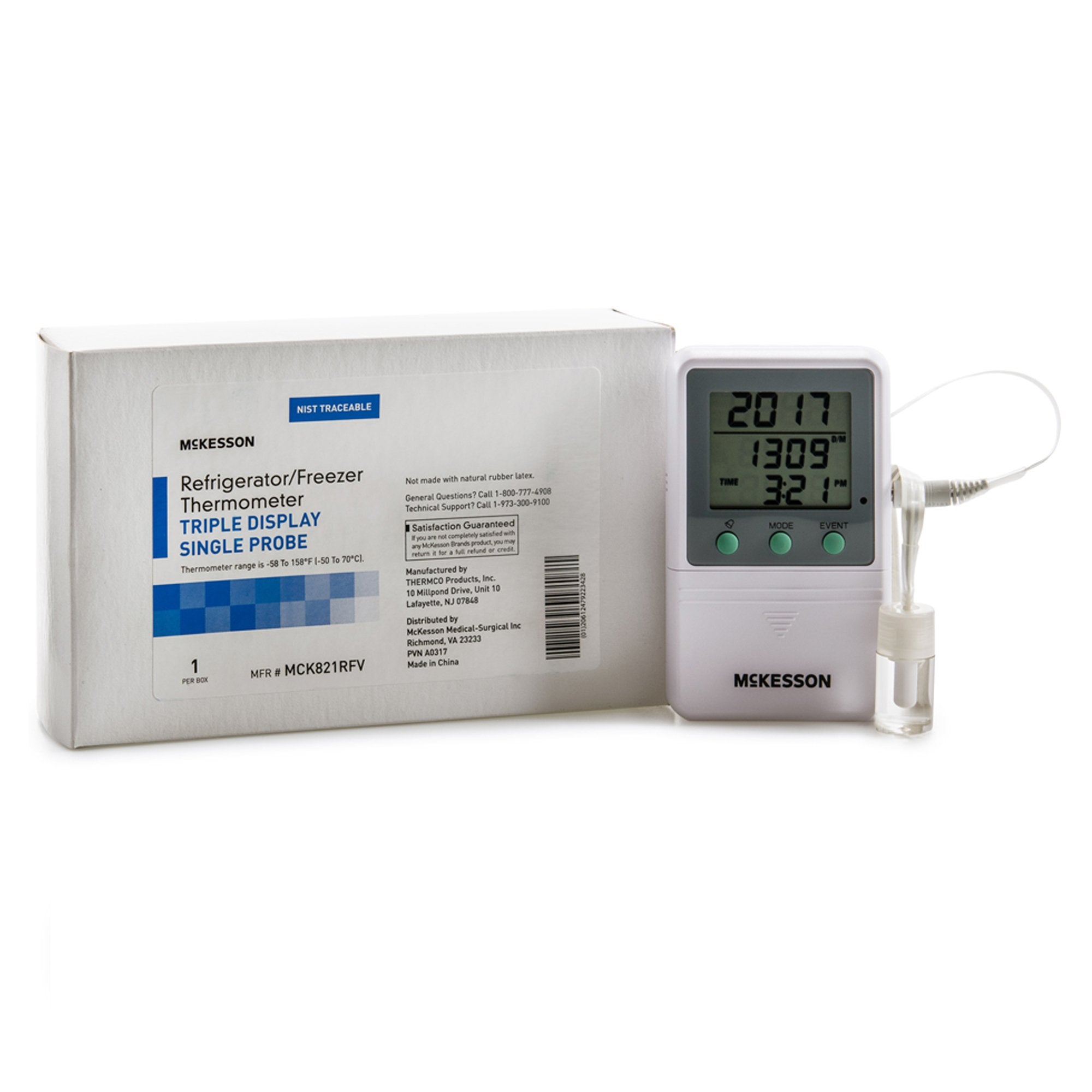 Digital Refrigerator / Freezer Thermometer with Alarm McKesson Fahrenheit / Celsius -58° to +158°F (-50° to +70°C) Glycol Bottle Probe Multiple Mounting Options Battery Operated