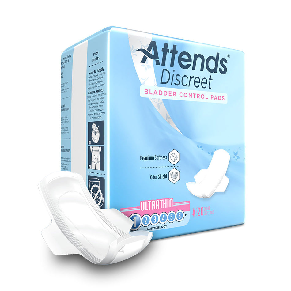 Bladder Control Pad Attends® Discreet Ultra Thin 9 Inch Length Light Absorbency Polymer Core One Size Fits Most
