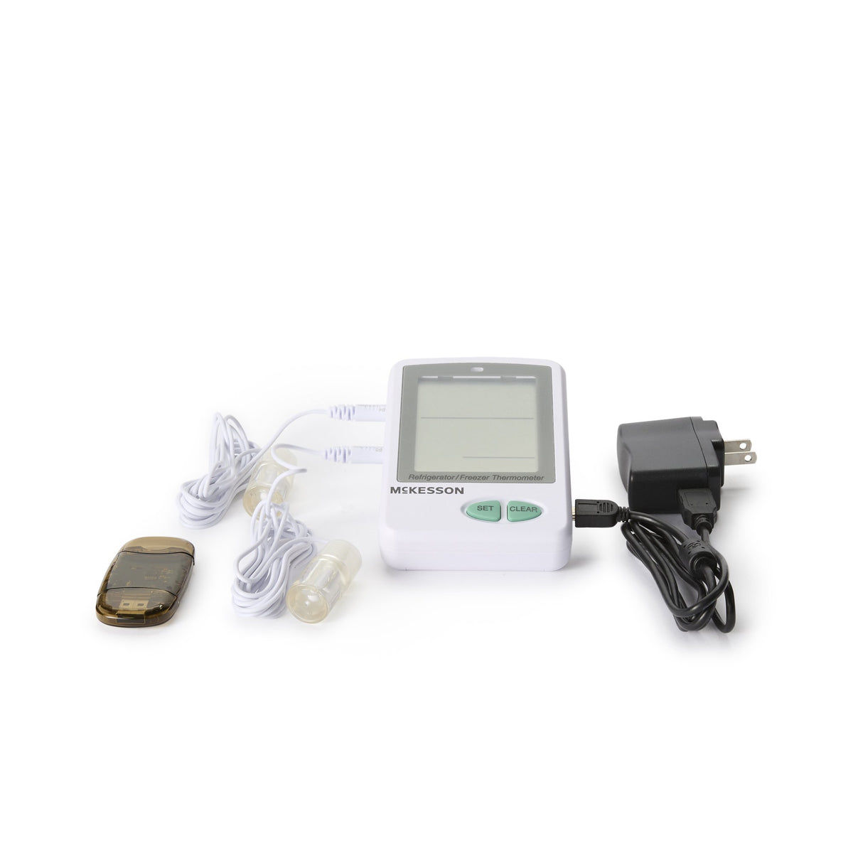 Datalogging Refrigerator / Freezer Thermometer with Alarm McKesson Fahrenheit / Celsius -58° to +158°F (-50° to +70°C) 2 Glycol Bottle Probes / Internal Sensor Flip-out Stand Battery Operated