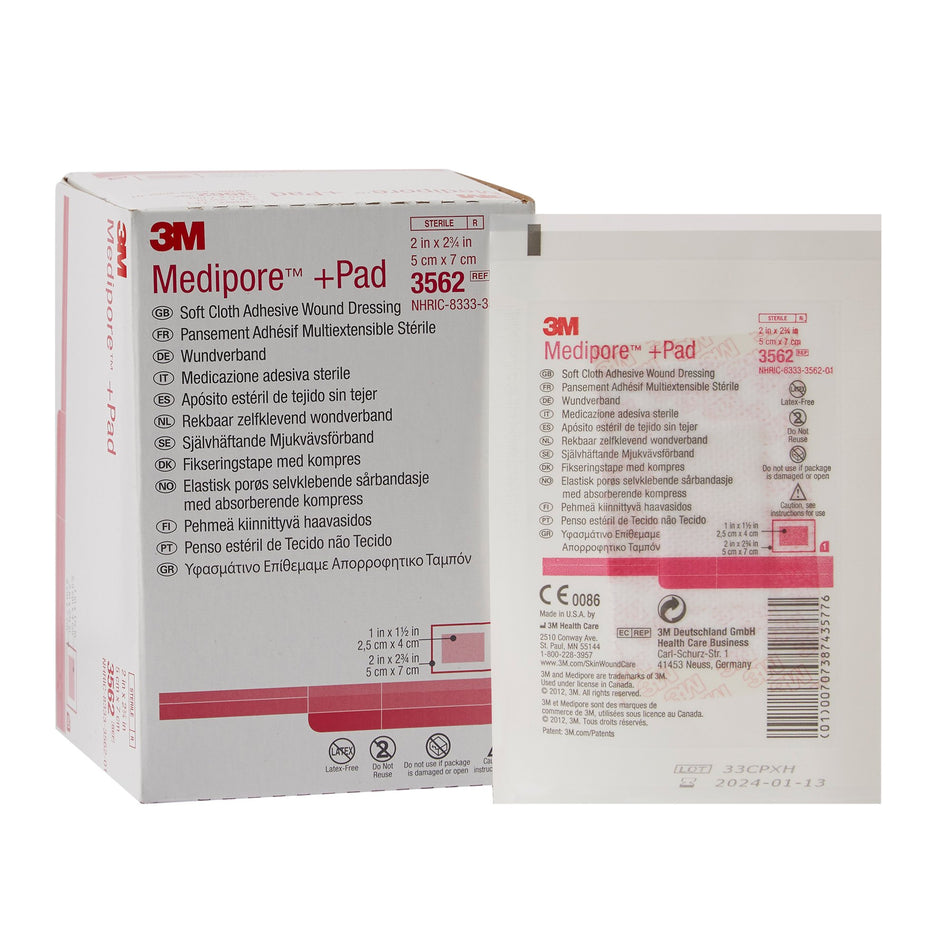 Adhesive Dressing 3M™ Medipore™ 2 X 2-3/4 Inch Soft Cloth Rectangle White Sterile
