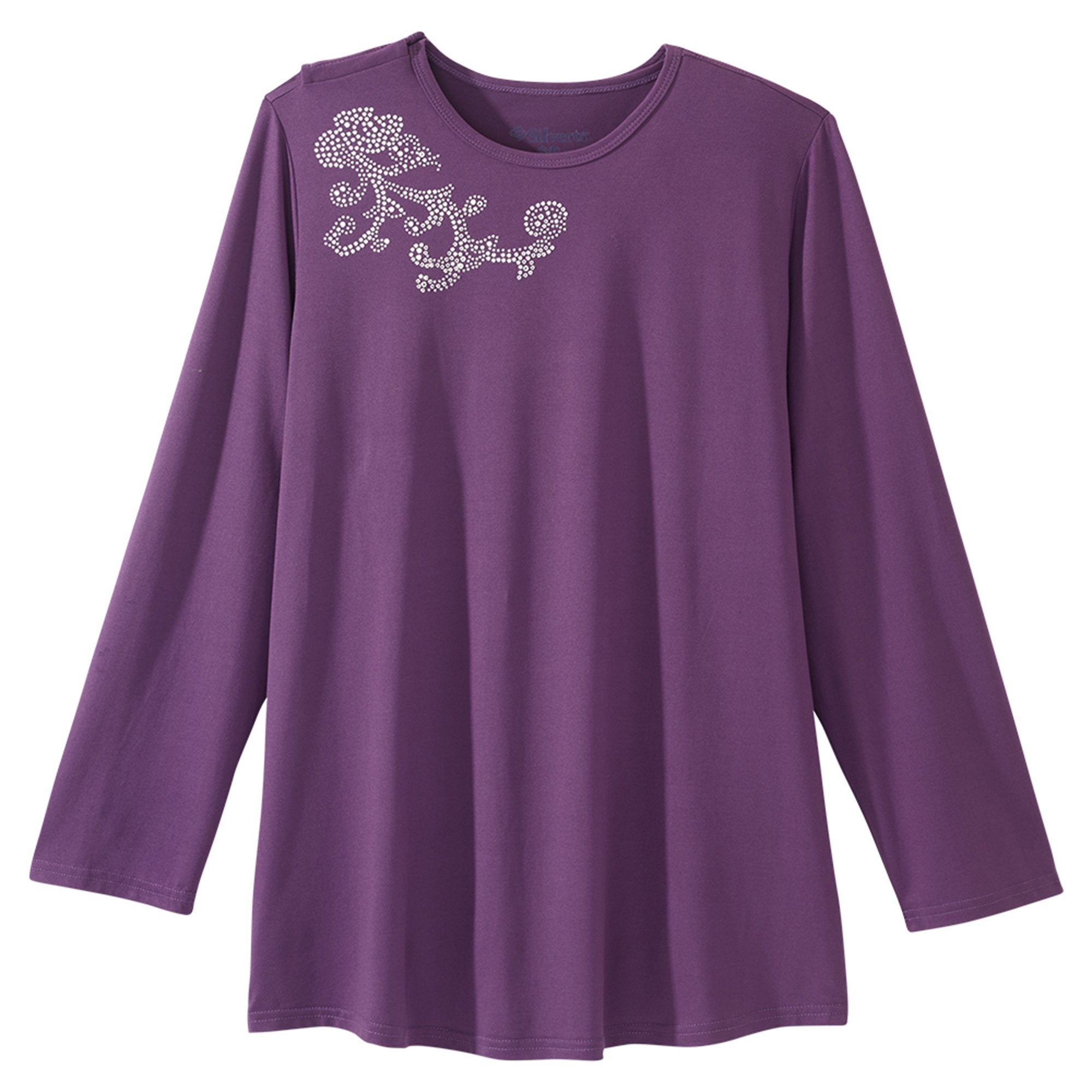 Silverts® Women's Open Back Embellished Long Sleeve Top, Eggplant, Small