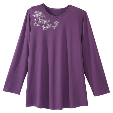 Silverts® Women's Open Back Embellished Long Sleeve Top, Eggplant, Small