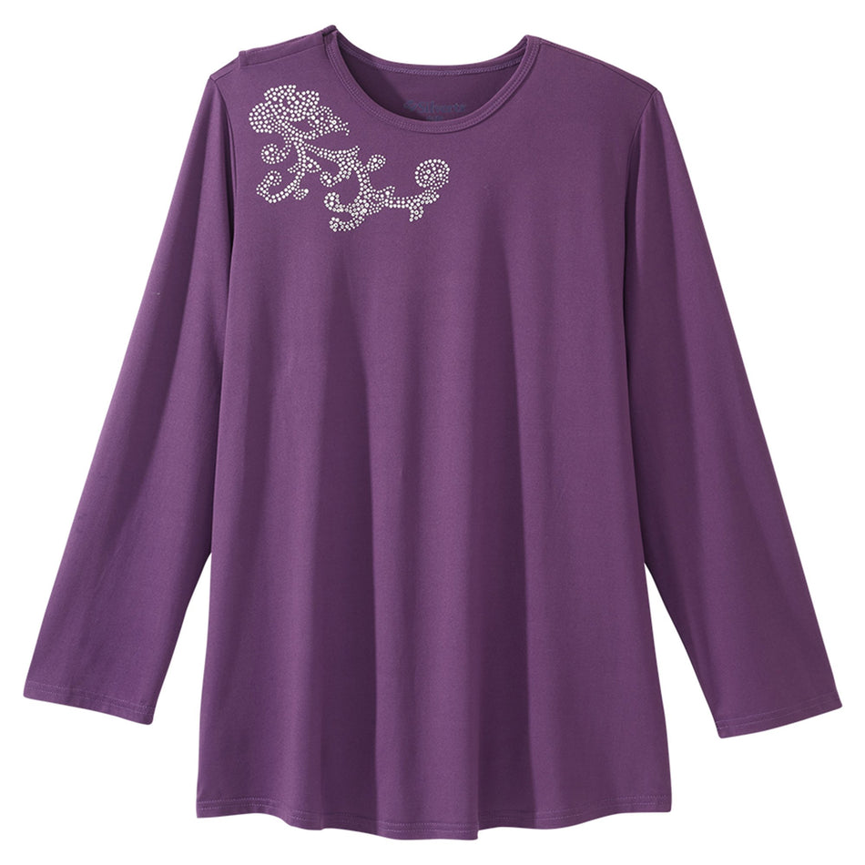 Silverts® Women's Open Back Embellished Long Sleeve Top, Eggplant, Small