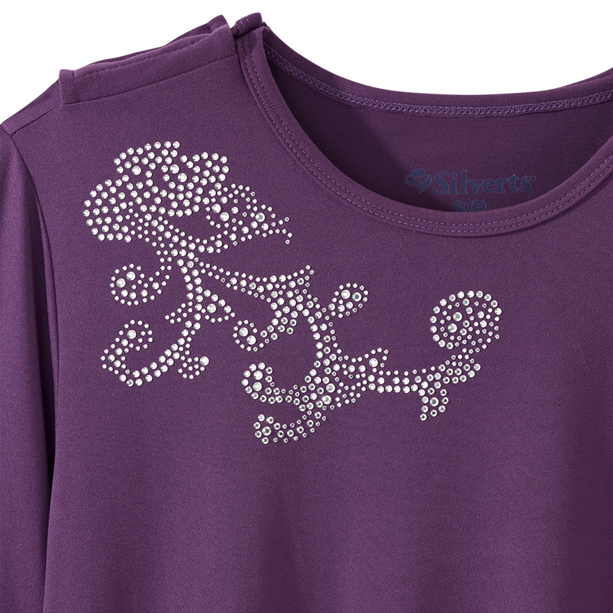 Silverts® Women's Open Back Embellished Long Sleeve Top, Eggplant, Small