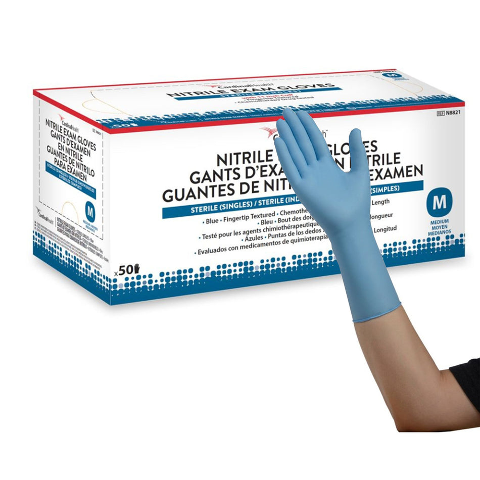 Exam Glove Flexam® Large Sterile Single Nitrile Extended Cuff Length Textured Fingertips Blue Chemo Tested
