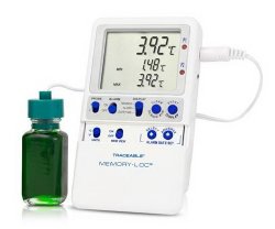Refrigerator / Freezer Temperature Data Logger with Alarm Traceable® Memory-Loc™ Fahrenheit / Celsius -58° to +158°F (-50° to +70°C) Glycol Bottle Probe Multiple Mounting Options Battery Operated