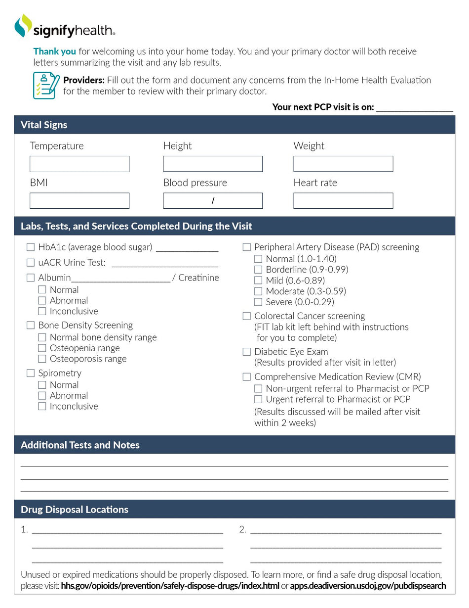 Check List Form Signigyhealth PCP Screening 8 X11 Inch