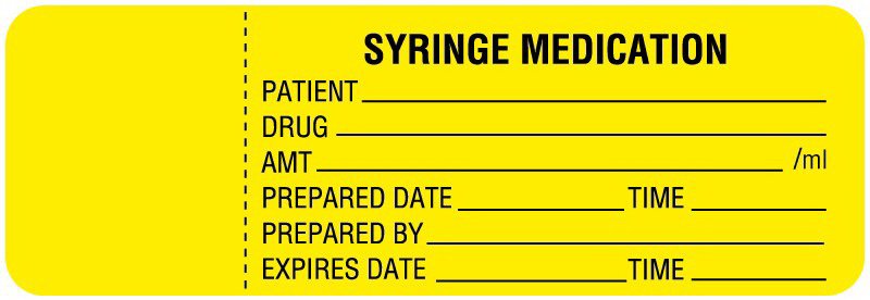 Pre-Printed Label UAL™ Anesthesia Label Yellow Paper Syringe Medication Patient_Drug_Amt_ Black Syringe Label 1 X 3 Inch