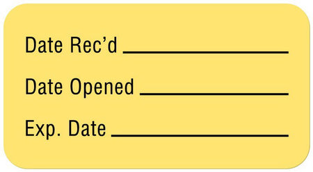 Pre-Printed / Write On Label Auxiliary Label Yellow Paper Date Rec'D __________ / Date Opened __________ / Exp. Date __________ Quality Control Label 7/8 X 1-5/8 Inch