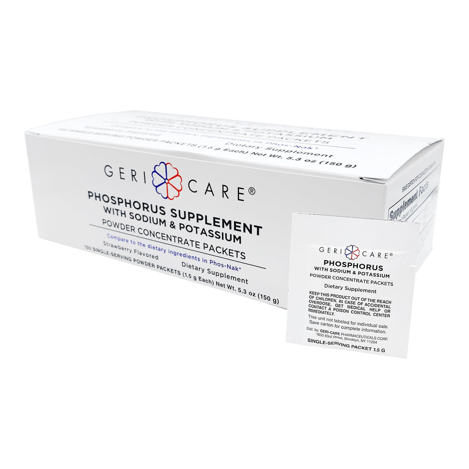 Dietary Supplement Geri-Care® Phosphorus / Sodium / Potassium 250 mg -160 mg - 280 mg Strength Oral Powder 100 per Box Strawberry Flavor