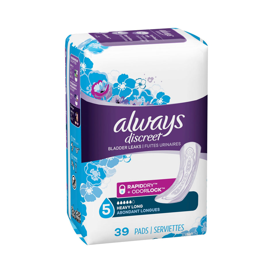 Bladder Control Pad Always® Discreet Maxi 13-1/2 Inch Length Heavy Absorbency DualLock™ Core One Size Fits Most