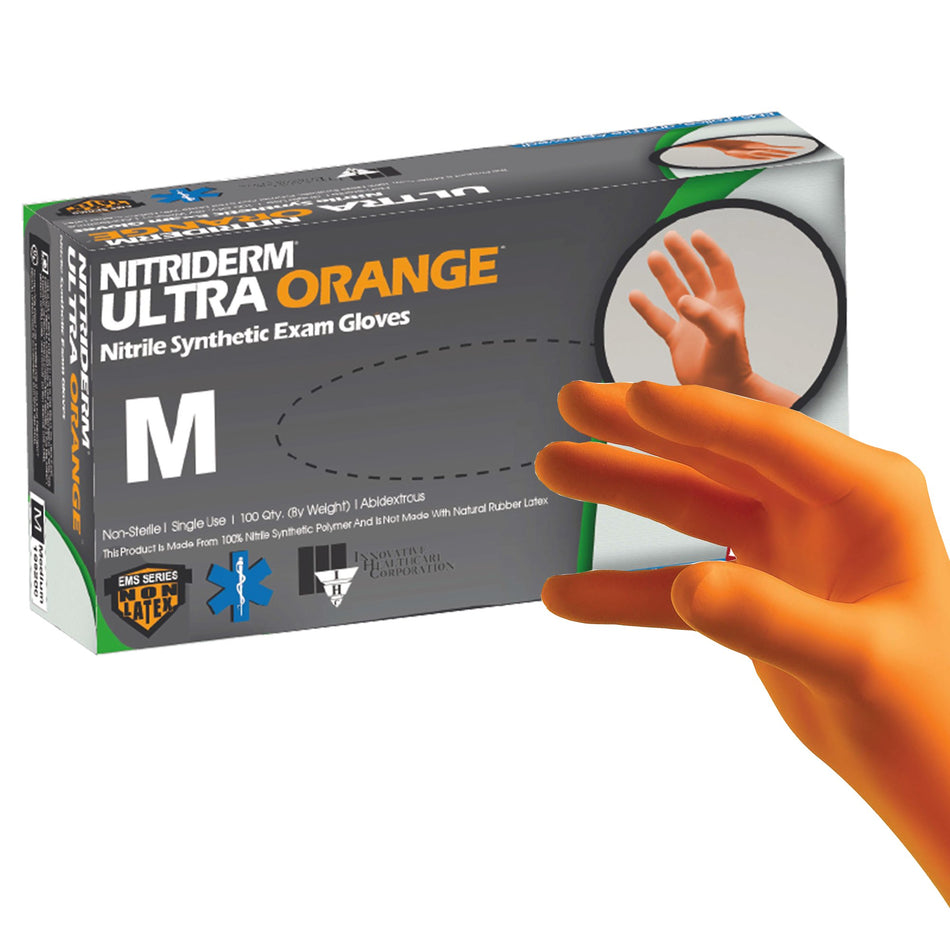 Exam Glove NitriDerm® Ultra Orange™ Medium NonSterile Nitrile Standard Cuff Length Fully Textured Orange Fentanyl Tested