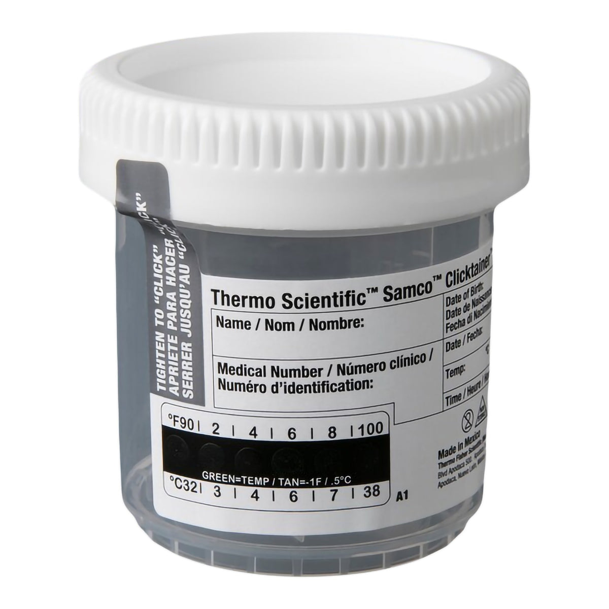 Specimen Container with Temperature Strip Samco™ Clicktainer™ 53 mm Opening 90 mL (3 oz.) Screw Cap Patient Information NonSterile