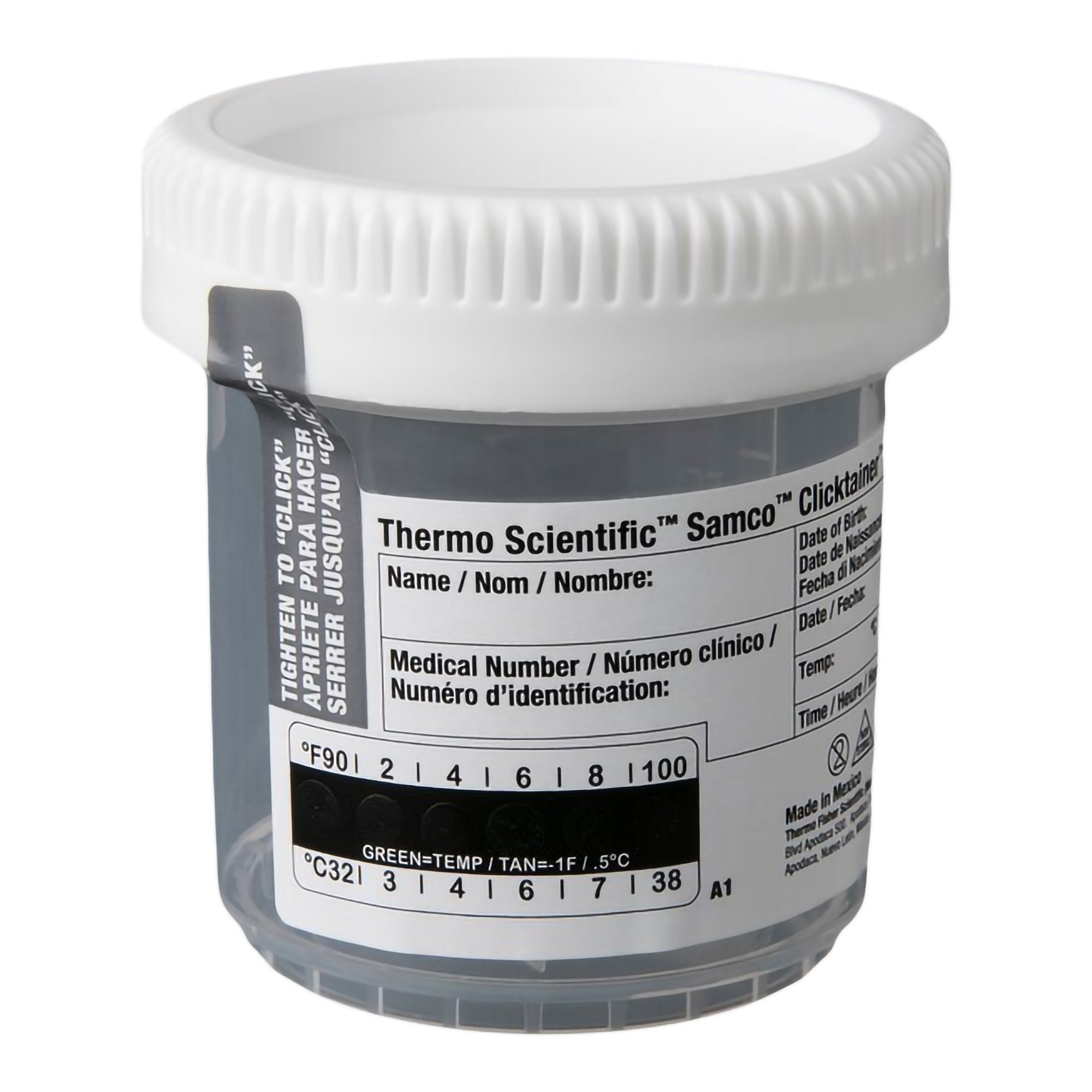 Specimen Container with Temperature Strip Samco™ Clicktainer™ 53 mm Opening 90 mL (3 oz.) Screw Cap Patient Information NonSterile