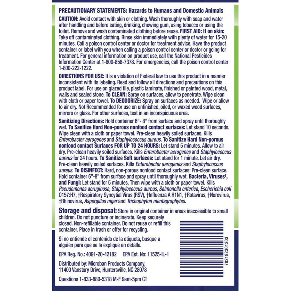 Microban® Surface Disinfectant / Sanitizer Quaternary Based Aerosol Spray Liquid 15 oz. Can Citrus Scent NonSterile