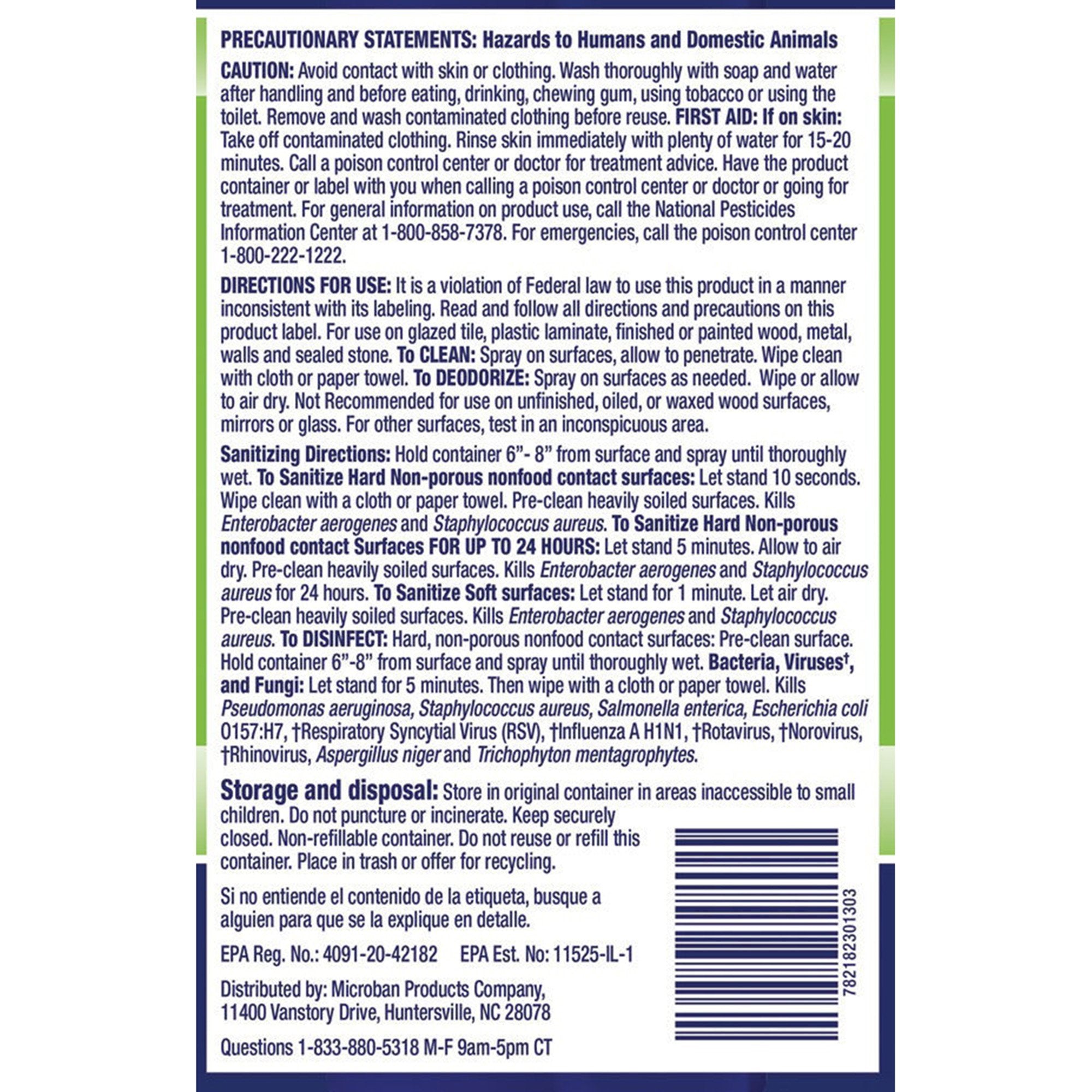 Microban® Surface Disinfectant / Sanitizer Quaternary Based Aerosol Spray Liquid 15 oz. Can Citrus Scent NonSterile