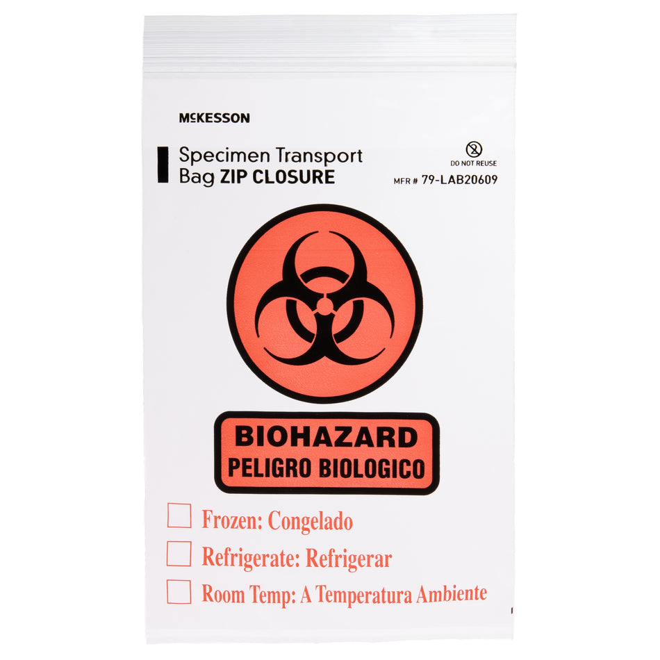 Specimen Transport Bag with Document Pouch McKesson 6 X 9 Inch Zip Closure Biohazard Symbol / Storage Instructions NonSterile