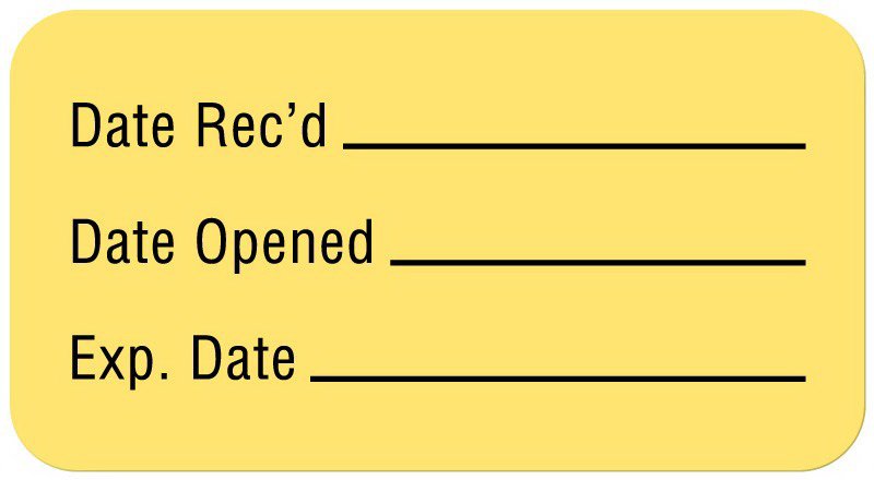 Pre-Printed / Write On Label Advisory Label Yellow Paper Date Rec'D __________ / Date Opened __________ / Exp. Date __________ Quality Control Label 7/8 X 1-5/8 Inch