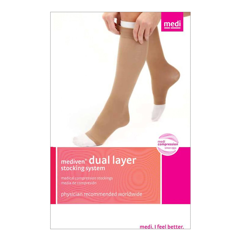 Compression Stocking with Liner mediven Knee High X-large Beige Stocking: Open Toe, Liner: Closed Toe