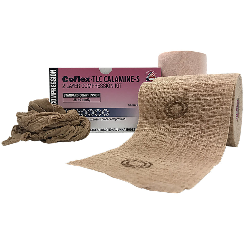 2 Layer Compression Bandage System CoFlex® TLC Calamine with Indicators 4 Inch X 6 Yard / 4 Inch X 7 Yard Self-Adherent / Pull On Closure Tan NonSterile 35 to 40 mmHg